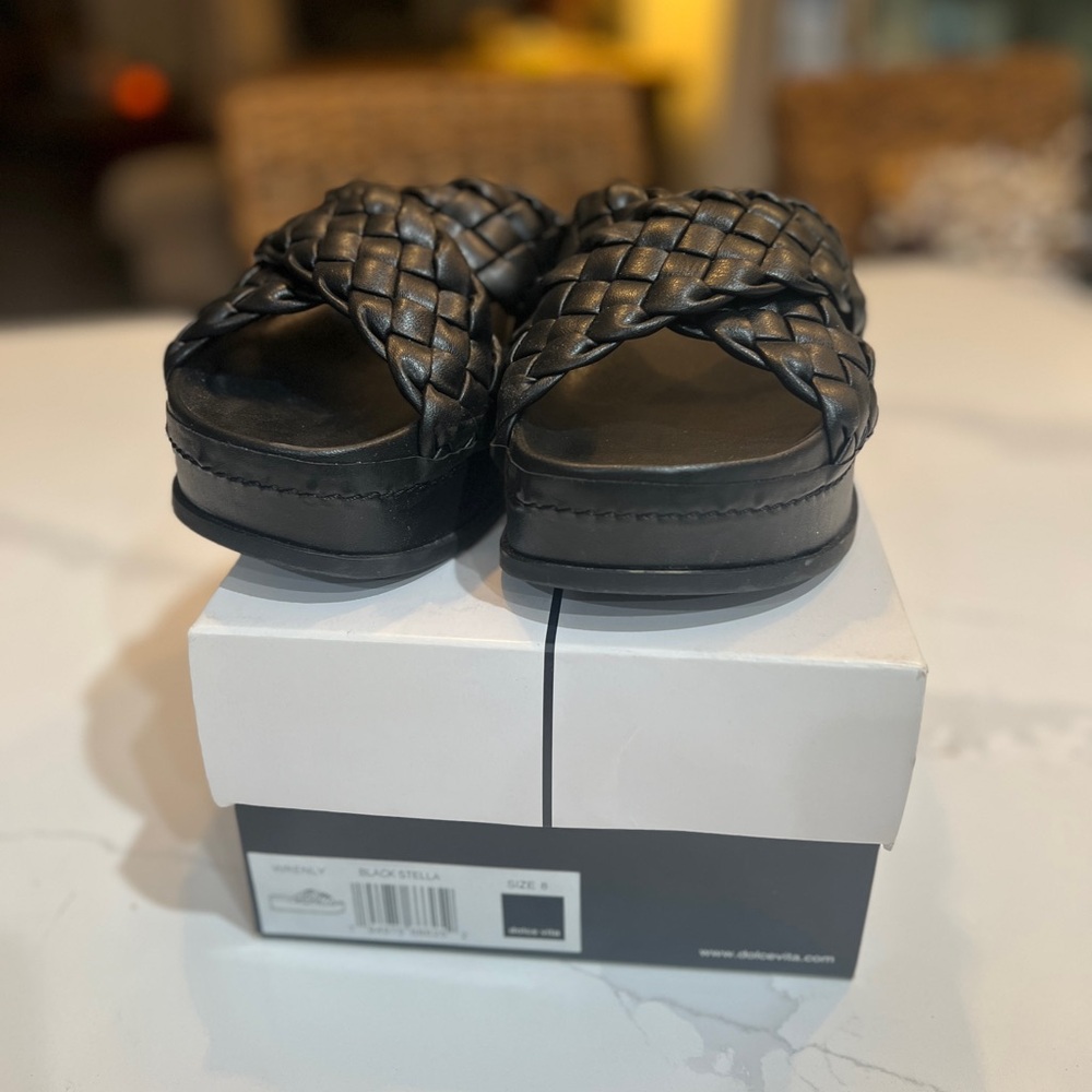 Black Woven Leather Men's Slides